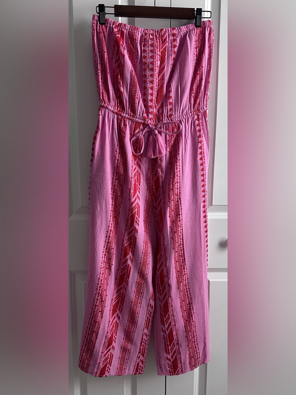 Elan Strapless Embroidered Jumpsuit NWT Pink Red Wide Leg Tassel Boho Size M